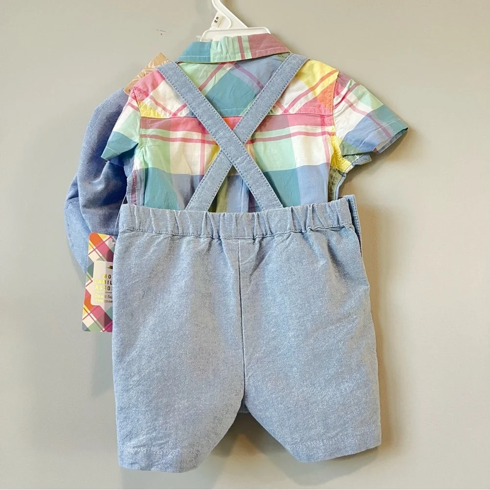 Tommy Bahama Kids 3 Piece Set Size 3-6M Plaid Shirt Romper Chambray Overalls Hat